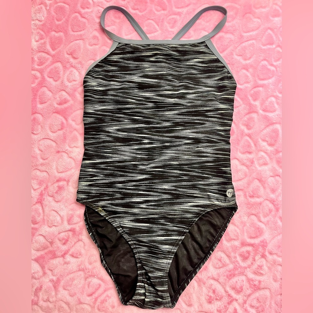 TYR Black and Gray Striped Competition Swimsuit